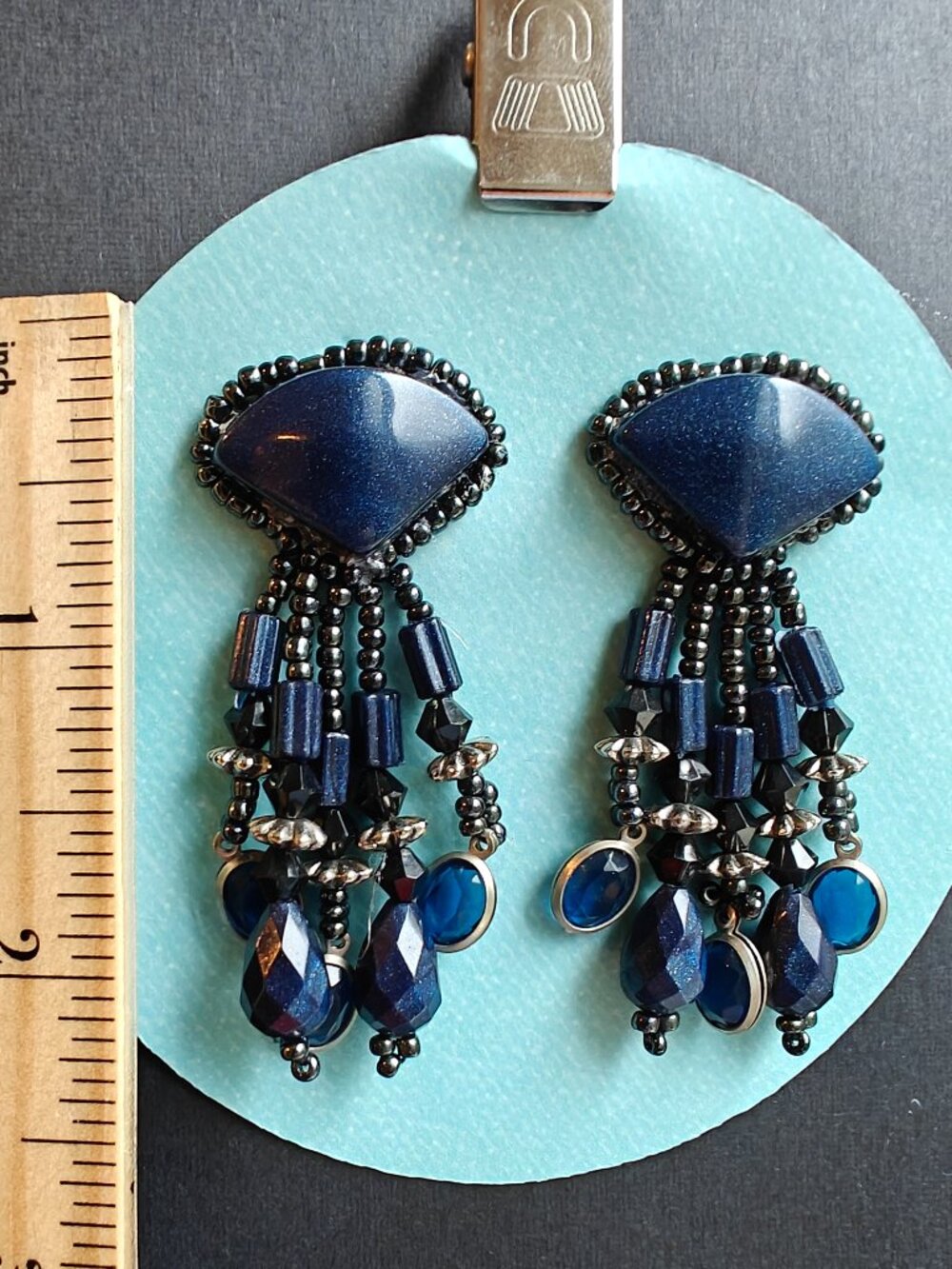 Vintage Blue Beaded Statement Dangle Post Earrings Retro Boho